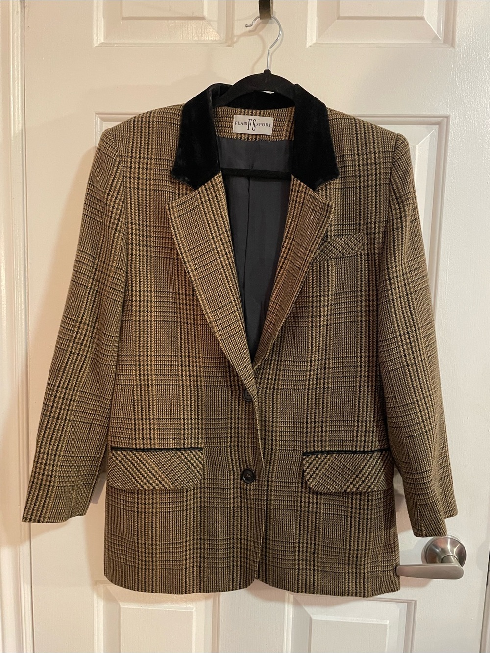 Brown Plaid Blazer with Black Velvet Collar